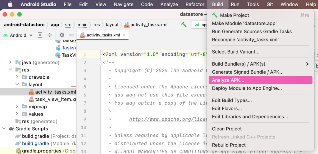 Méthode 1, via le menu Build d'Android Studio Capture d'écran du menu "Build > Analyze APK..."