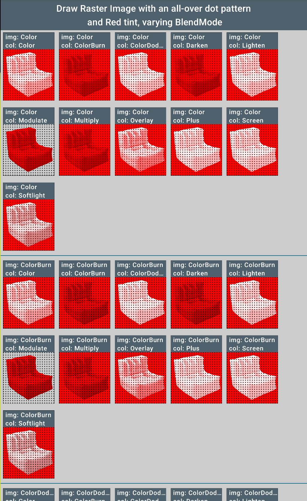 Galery of most relevant combinations of BlendModes for image and tint.