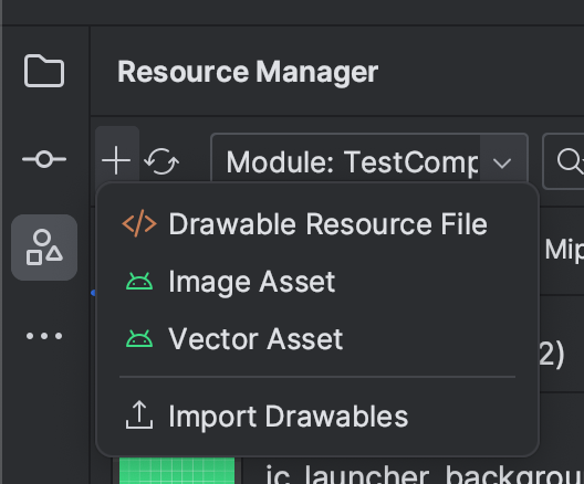 Screen capture of the Android Studio Resource Manager menu contents. It shows the 4 types of image resources.