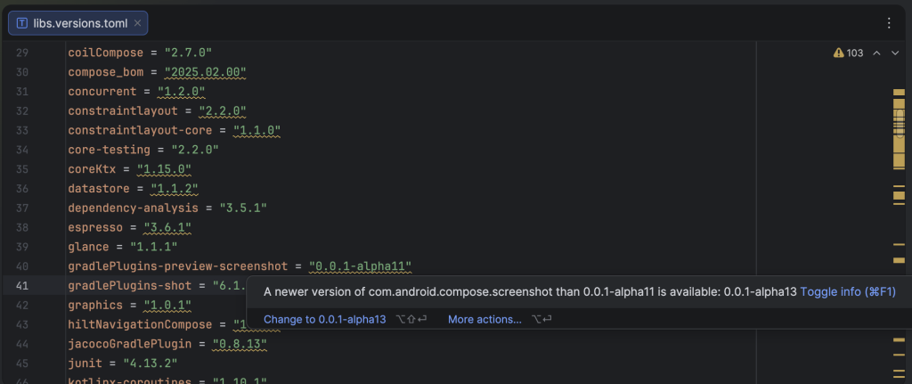 Illustration showing Android Studio with a pop-up about a newer version of the preview-screenshot plugin.